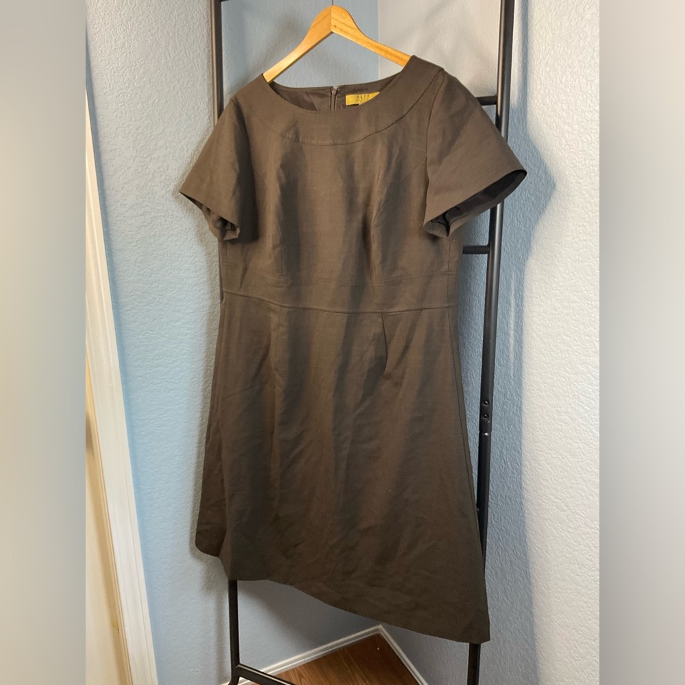 Alex Marie Sheath dress 14 wide brown workwear short sleeve lined wool blend
